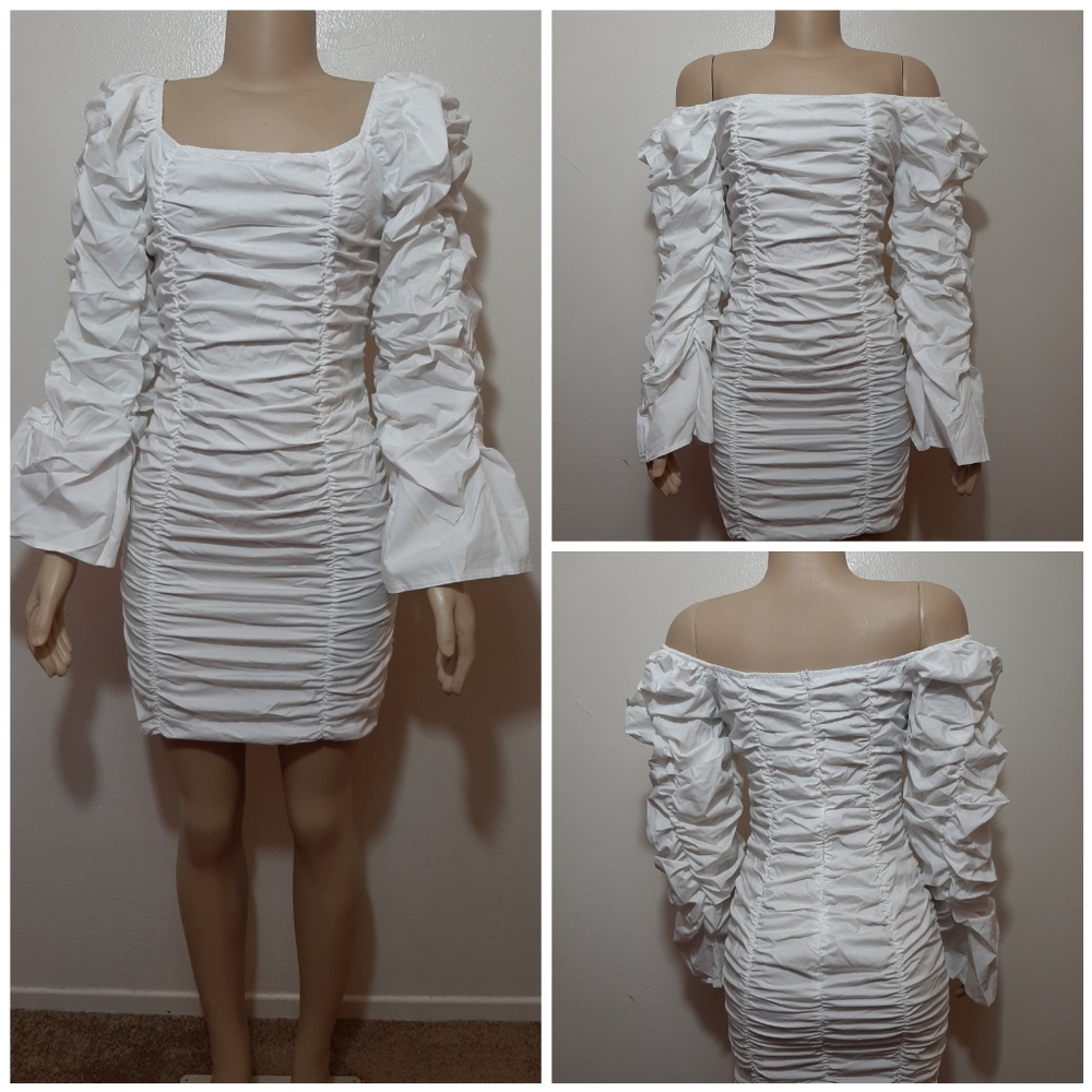 Kylie Inspired Rouched Bodycon White Dress Large - Picture 3 of 9